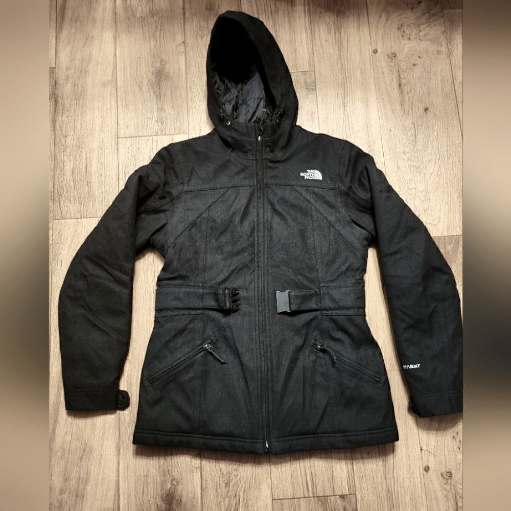 The North Face Hyvent Wool Blend Hooded Belted Jacket Black Size SP